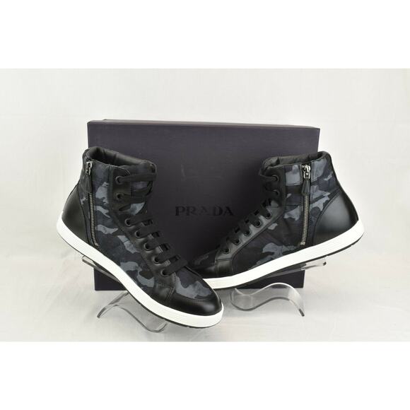 PRADA 4T2842 CAMOUFLAGE FABRIC BLACK BLUE LOGO LACE UP ZIP SNEAKERS 7 US 8 - Picture 3 of 12